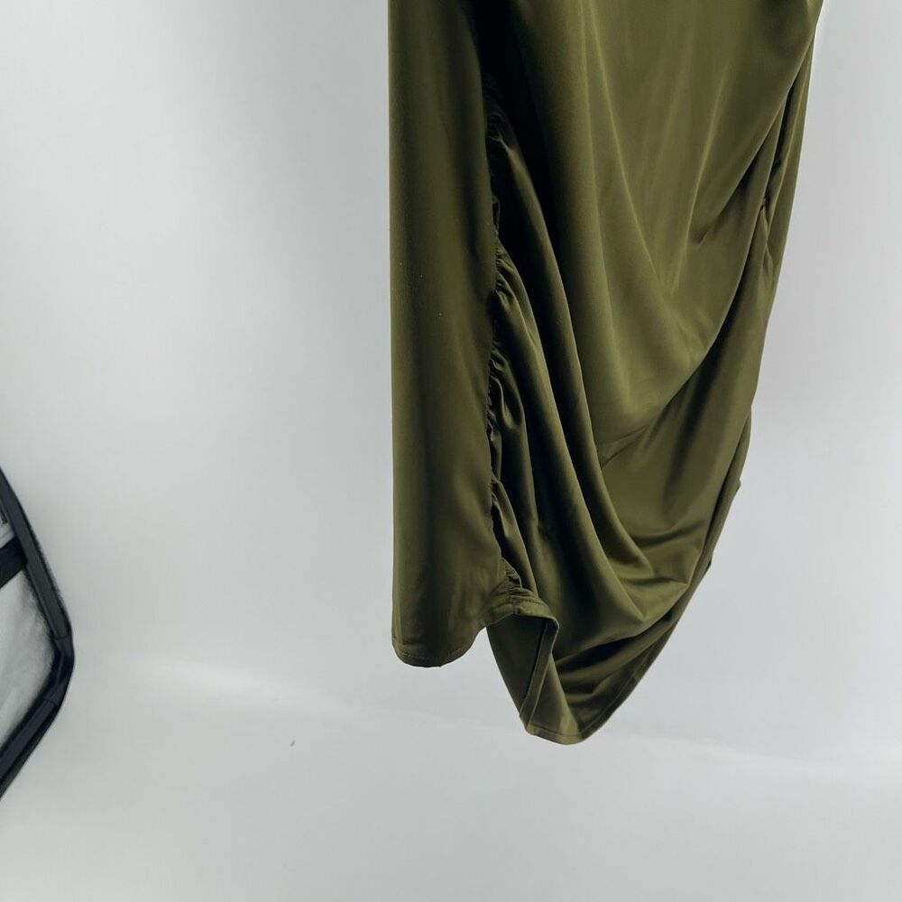 Olive Satin Draped Ruched Mini Dress XL Cowl Neck Cocktail Wedding Guest - Picture 7 of 15
